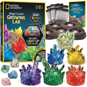 NATIONAL GEOGRAPHIC Mega Crystal Growing Lab – Grow 6 Vibrant Crystals Fast (3-4 Days), with Light-Up Display Stand, Learning Guide, & 4 Genuine Crystal Specimens, an Amazon Exclusive Science Kit