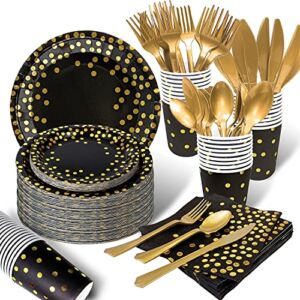 175PCS Black and Gold Party Supplies, Severs 25 Disposable Party Dinnerware, Gold Plastic Forks Knives Spoons and Golden Dot Black Paper Plates, Black Napkins Cups for Graduation, Birthday, Wedding