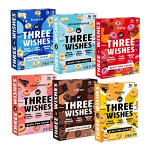 Protein and Gluten-Free Breakfast Cereal by Three Wishes – Variety Pack, 6 Pack – High Protein and Low Sugar Snack – Kosher, Vegan and Dairy-Free – Frosted, Fruity, Cocoa, Unsweetened, Honey and Cinnamon
