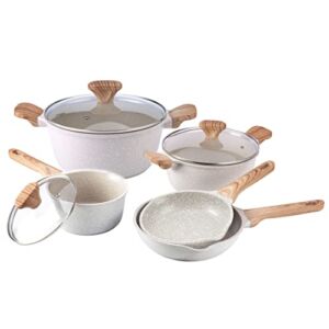 Country Kitchen Nonstick Cookware Sets – 8 Piece High Quality Nonstick Cast Aluminum Pots and Pans with BAKELITE Handles – Non-Toxic Pots and Pans- Speckled Cream with Light Wood Handles