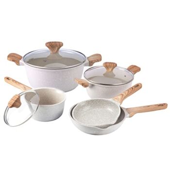 Country Kitchen Nonstick Cookware Sets – 8 Piece High Quality Nonstick Cast Aluminum Pots and Pans with BAKELITE Handles – Non-Toxic Pots and Pans- Speckled Cream with Light Wood Handles | The Storepaperoomates Retail Market - Fast Affordable Shopping