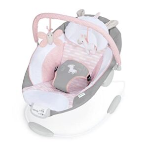 Ingenuity Soothing Baby Bouncer with Vibrating Infant Seat, Music, Removable -Toy Bar & 2 Plush Toys – Flora the Unicorn (Pink), 0-6 Months