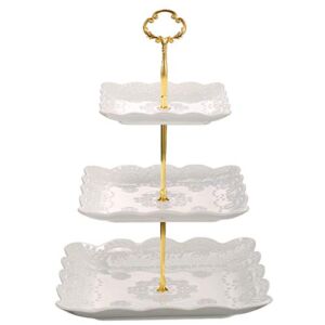 Sumerflos 3 Tier Porcelain Cupcake Stand, Tiered Serving Cake Stand, Square White Embossed Dessert Stand, Weddings Parties Pastry Serving Tray