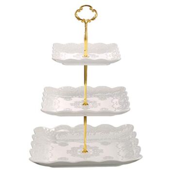 Sumerflos 3 Tier Porcelain Cupcake Stand, Tiered Serving Cake Stand, Square White Embossed Dessert Stand, Weddings Parties Pastry Serving Tray | The Storepaperoomates Retail Market - Fast Affordable Shopping