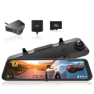 WOLFBOX G850 4K Mirror Dash Cam: 12” Rear View Mirror Camera for Car,Dual Dash Cameras Front and Rear,Super Night Vision,Parking Monitoring,Reversing Assistance,32GB TF Card & GPS