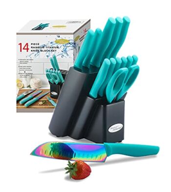 DISHWASHER SAFE KYA27 Rainbow Titanium Cutlery Knife Set, Marco Almond® 14-Piece Kitchen Knives Block Sets, Teal | The Storepaperoomates Retail Market - Fast Affordable Shopping