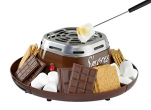 Nostalgia Indoor Electric Stainless Steel S’mores Maker with 4 Compartment Trays for Graham Crackers, Chocolate, Marshmallows and 2 Roasting Forks, Brown