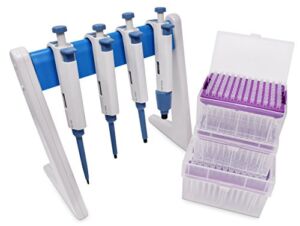 Complete 4 Micropipettes Kit: 4 Pipettors (0.5-10μl 10-100μl 100-1000μl 1000-5000μl); Pipette Stand; 3 Racks of 96 Sterile Pipette Tips