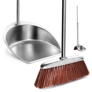 Broom and Dustpan Set for Home, Long Handled Heavy Duty Broom and Dust Pan Set Upright, Adjustable Handle Stainless Steel Broom with Dustpan Combo Set for Sweeping Indoor Outdoor Kitchen Lobby Floor