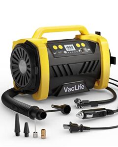 VacLife Tire Inflator Portable Air Compressor – 12V DC/110V AC Car Tire Pump for Air Mattress Beds, Boats with Inflation and Deflation Modes, Dual Powerful Motors, Model: ATJ-6588, Yellow (VL758)
