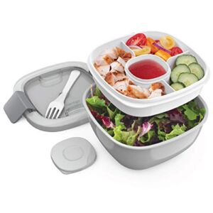 Bentgo® Salad – Stackable Lunch Container with Large 54-oz Salad Bowl, 4-Compartment Bento-Style Tray for Toppings, 3-oz Sauce Container for Dressings, Built-In Reusable Fork & BPA-Free (Gray)