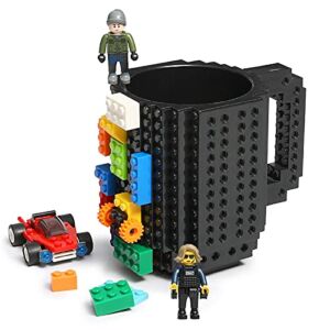 Build-on Brick Coffee Mug, Funny DIY Novelty Cup with Building Blocks Creative for Kids Men Women Xmas Birthday (Cool Black)