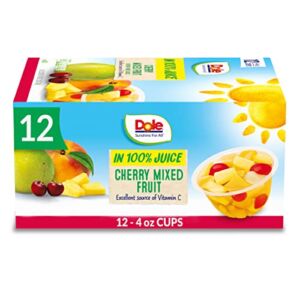 Dole Fruit Bowls Cherry Mixed Fruit in 100% Juice, Gluten Free Healthy Snack, 4 Oz, 12 Count