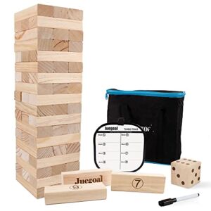 Juegoal 54 Pieces Giant Tumble Tower Blocks Game Giant Wood Stacking Game with 1 Dice Set Canvas Bag for Adult, Kids, Family