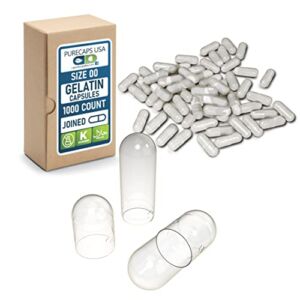 PurecapsUSA – Empty Clear Gelatin Pill Capsules – Fast Dissolving and Easily Digestible – Preservative Free with Natural Ingredients – (1,000 Joined Capsules) – Size 00