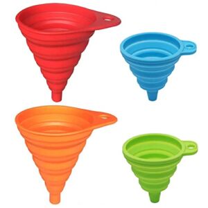 KongNai Silicone Collapsible Funnel Set of 4, Small and Large, Kitchen Gadgets Accessories Foldable Funnels for Water Bottle Liquid Transfer Food Grade (L, S 4 Pack)