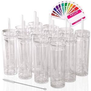 SKINNY TUMBLERS 12 Clear Acrylic Tumblers with Lids and Straws | Skinny, 16oz Double Wall Clear Plastic Tumblers With FREE Straw Cleaner & Name Tags! Reusable Cup With Straw (Clear, 12)