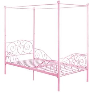 DHP Metal Canopy Kids Platform Bed with Four Poster Design, Scrollwork Headboard and Footboard, Underbed Storage Space, No Box Sring Needed, Twin, Pink