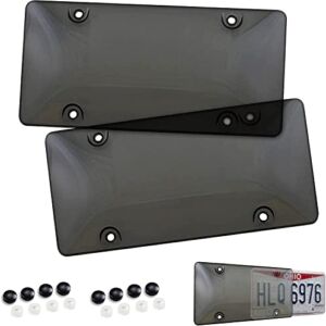 Tinted License Plate Cover Set of Standard Fit – Front & Back License Plates Shield Fastening to Frames – Premium Automotive Exterior Car & Truck Accessories for Teens, Men & Women, 6″X12″