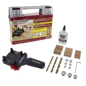 Milescraft 1333 Dowel Jig Kit – Handheld Dowel Jig with 3 Metal Bushing Sizes (1/4in, 5/16in, 3/8in) and Self-Centering Pins, 3 Brad Point Drill Bits, 3 Depth Stops, 6 Dowel Centers, and Wood Glue