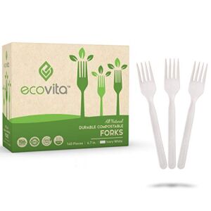 100% Compostable Forks – 140 Large Disposable Utensils (7 in.) Eco Friendly Durable and Heat Resistant Alternative to Plastic Forks with Convenient Tray by Ecovita
