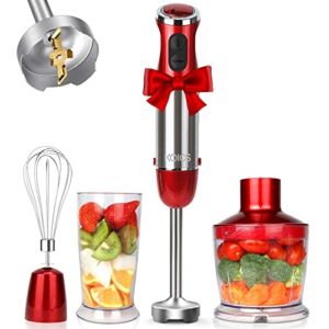 KOIOS 800W 4-in-1 Multifunctional Hand Immersion Blender, 12 Speed 304 Stainless Steel Stick Blender, Titanium Plated, 600ml Mixing Beaker, 500ml Food Processor, Whisk Attachment, BPA-Free, Red