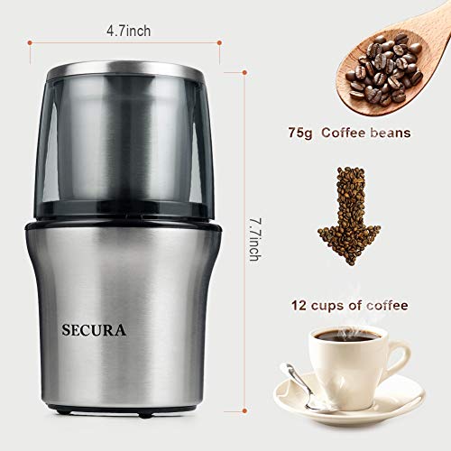 Secura Electric Coffee Grinder and Spice Grinder with 2 Stainless Steel Blades Removable Bowls | The Storepaperoomates Retail Market - Fast Affordable Shopping
