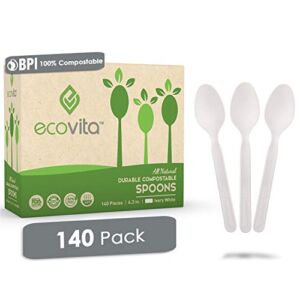 100% Compostable Spoons – 140 Large Disposable Utensils (6.5 in.) Eco Friendly Durable and Heat Resistant Alternative to Plastic Spoons with Convenient Tray by Ecovita