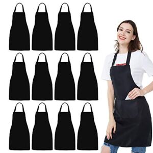 12 Pack Bib Apron – Unisex Black Apron Bulk with 2 Roomy Pockets Machine Washable for Kitchen Crafting BBQ Drawing