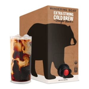 Wandering Bear Extra Strong Organic Cold Brew Coffee On Tap, Straight Black, 96 fl oz – Smooth, Unsweetened (0g Sugar), Shelf-Stable, and Ready to Drink