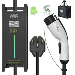 MAX GREEN Level 2 EV Charger, Portable EVSE Electric Vehicle Charging Station with Delay Timer, Adjustable Current(10A, 16A, 20A, 24A, 32A), NEMA 14-50 Plug, 240V, 25Ft Cable