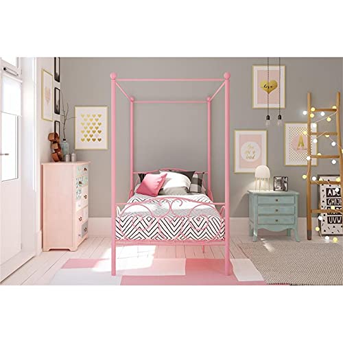 DHP Metal Canopy Kids Platform Bed with Four Poster Design, Scrollwork Headboard and Footboard, Underbed Storage Space, No Box Sring Needed, Twin, Pink | The Storepaperoomates Retail Market - Fast Affordable Shopping