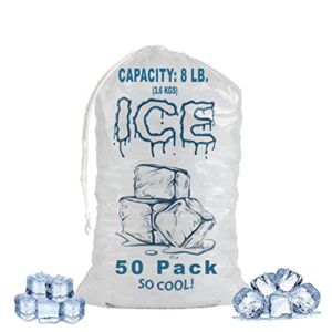 Party Bargains Plastic Ice Bags 8 lb – [50 Count] 11 x 19 Inch Drawstring Closure Durable Ice-bag Storage