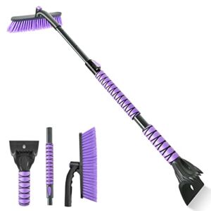 POBOMVOM 44″ Ice Scraper and Snow Brush with Extendable, Detachable Pivoting, Soft Bristle Head, Foam Grip, for Car, Trucks, or SUV Window & Windshield Tool(Purple)