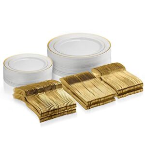 125 Piece Gold Dinnerware Party Set – 50 Gold Rim Plastic Plates, 25 Dinner 25 Dessert Plates, 75 Gold Silverware, 25 Knives, 25 Forks, 25 Spoons – 25 Guest Disposable Set for Wedding Birthday Parties