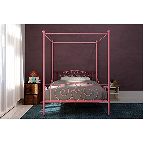 DHP Metal Canopy Kids Platform Bed with Four Poster Design, Scrollwork Headboard and Footboard, Underbed Storage Space, No Box Sring Needed, Twin, Pink | The Storepaperoomates Retail Market - Fast Affordable Shopping