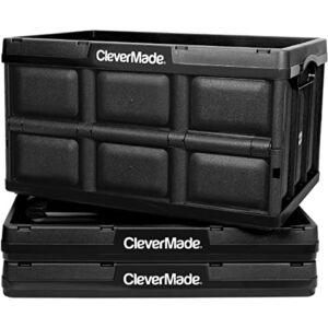 CleverMade 62L Collapsible Storage Bins – Folding Plastic Stackable Utility Crates, Solid Wall, No Lid, 3 Pack, Black