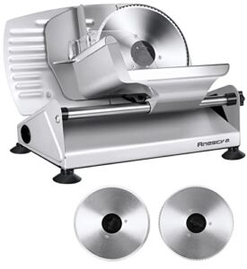 Anescra Meat Slicer 200W with Two Removable 7.5’’ Stainless Steel Blades, Electric Deli Food Slicer with Food Carriage, 0-15mm Adjustable Thickness Meat Slicer for Home, Food Slicer Machine Silver2