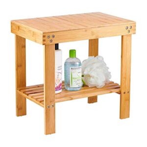 Bamboo Spa Bench Wood Seat Stool Foot Rest Shaving Stool with Non-Slip Feets Storage Shelf for Shampoo Towel,Works in Bathroom/ Living Room/ Bedroom/Garden Leisure