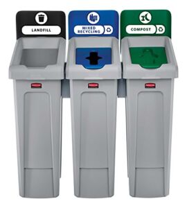 Rubbermaid Commercial Products 2007918 Slim Jim Recycling Station, 3 Stream Landfill/Mixed Recycling/Compost (Black/Blue/Green)