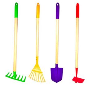 JustForKids Kids Garden Tool Set Toy, Rake, Spade, Hoe and Leaf Rake, reduced size , made of sturdy steel heads and real wood handle, 4-Piece, Multicolored, 5yr+