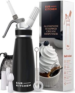 EurKitchen Professional Aluminum Whipped Cream Dispenser – Leak-Free Whip Cream Maker Canister with 3 Decorating Nozzles & Cleaning Brush – 1-Pint / 500 mL Cream Whipper – N2O Chargers (Not Included)