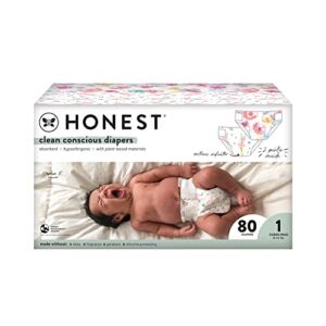 The Honest Company Clean Conscious Diapers | Plant-Based, Sustainable | Rose Blossom + Tutu Cute | Club Box, Size 1 (8-14 lbs), 80 Count