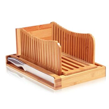 Luxury Bamboo Bread Slicer with Knife – 3 Slice Thickness, Foldable Compact Cutting Guide with Crumb Tray, Stainless Steel Bread Knife for Homemade Bread, Cake, Bagels 5.5” Wide x 5” Tall | The Storepaperoomates Retail Market - Fast Affordable Shopping