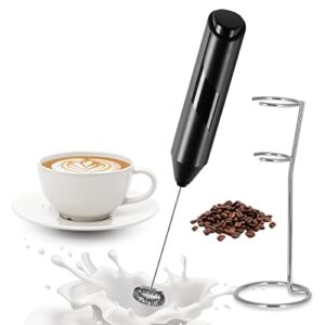 YSSOA Electric Milk Frother Handheld with Stainless Steel Stand Battery Operated Whisk Drink Mixer for Coffee, Frappe, Latte, Matcha, Hot Chocolate, Black (Handheld, Black)
