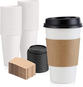 [50 Pack] 16 oz Hot Beverage Disposable White Paper Coffee Cup with Black Dome Lid and Kraft Sleeve Combo, Medium Grande