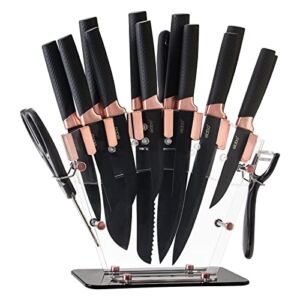 elabo Kitchen Knife Set with Acrylic Stand – 16Pcs Stainless Steel Knives, Rose Gold Handle Includes 6 Sharp Knives, 6 Serrated Steak Knives, Scissors, Peeler, Knife Sharpener with Block