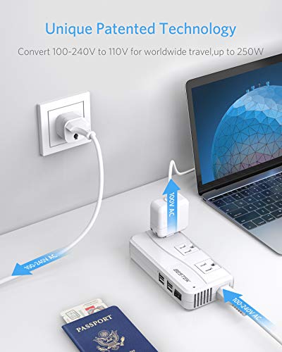 BESTEK International Power Adapter 250W, 220V to 110V Step Down Travel Voltage Converter with 4-Port USB Including US/AU/EU/UK//India/South Africa Plug Adapter (White) | The Storepaperoomates Retail Market - Fast Affordable Shopping