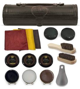 Stone & Clark 12PC Shoe Polish & Care Kit, Leather Shoe Shine Kit with Brown Wax, Shoe Brushes for Polishing, Compact Shoe Cleaning Kit with Horse Hair Brushes & PU