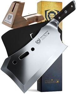 DALSTRONG Obliterator Meat Cleaver – 9″ – Gladiator Series R – Wood Stand and Sheath Included – Razor Sharp Massive Heavy Duty – 3lbs – 6mm Thickness – 7CR17MOV Steel – G10 Handle – NSF Certified